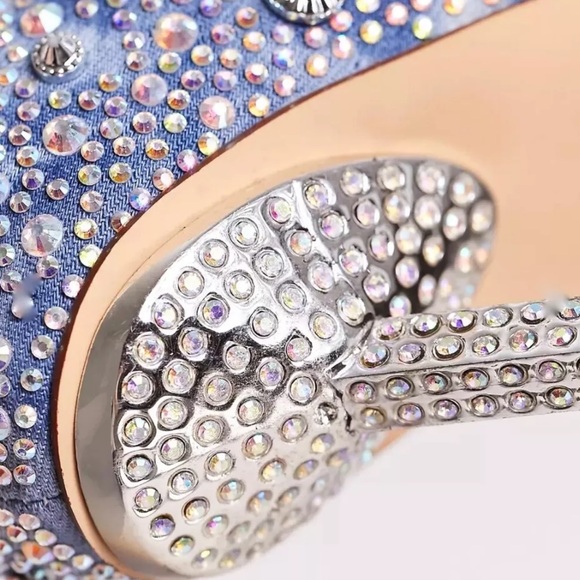 Urban Outfitters Azalea Wang Challengers Rhinestone Denim Boots Stiletto - Picture 8 of 12